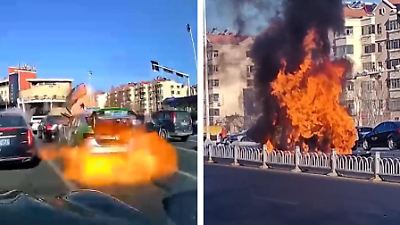 China: Kofferraum von Taxi explodiert mitten auf Straße