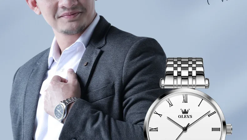 OLEVS Herrenuhren, schlicht, modisch, römisches Ziffernblatt, Original-Quarzuhr für Herren, wasserdicht, Edelstahl, Schmetterlingsschnalle