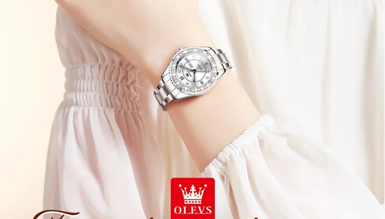 OLEVS Damenuhren für junge Mädchen, modisch, elegant, Original-Quarz-Armbanduhr, Bohrring, Zifferblatt, Datum, Woche, wasserdicht, leuchtend