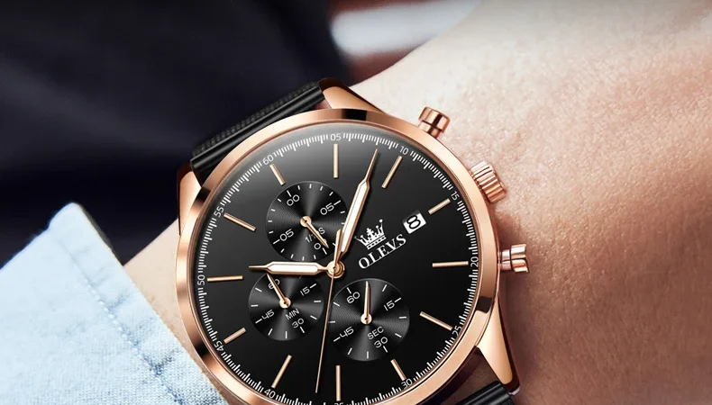 OLEVS Chronograph männer Uhren Mode 42mm Zifferblatt Original Quarz Armbanduhr Wasserdichte Edelstahl Mesh-Armband Uhr für Männer