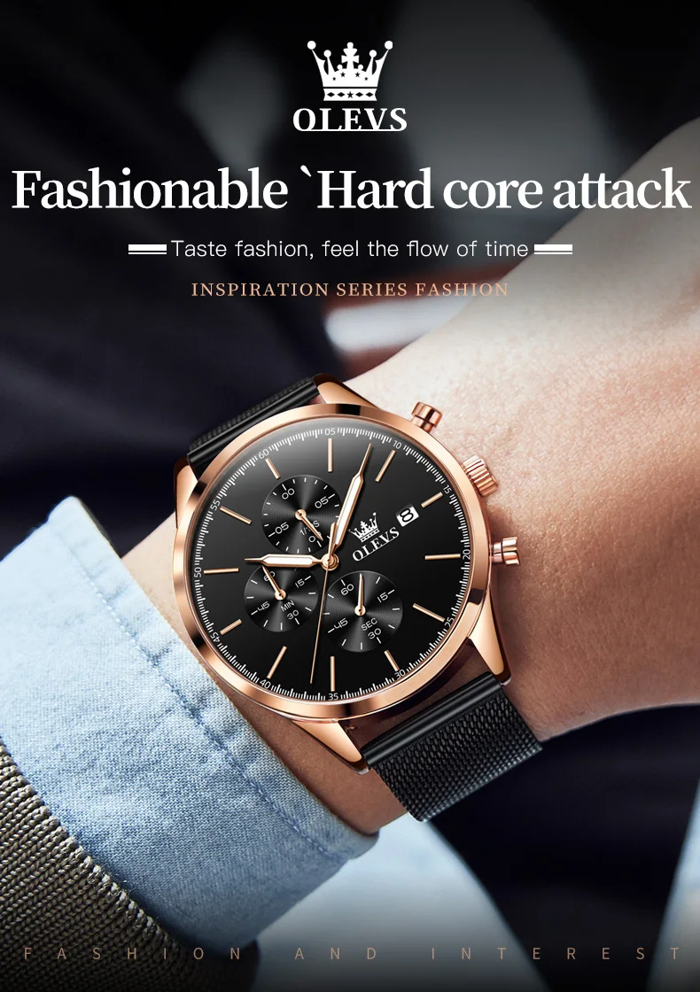 OLEVS Chronograph männer Uhren Mode 42mm Zifferblatt Original Quarz Armbanduhr Wasserdichte Edelstahl Mesh-Armband Uhr für Männer
