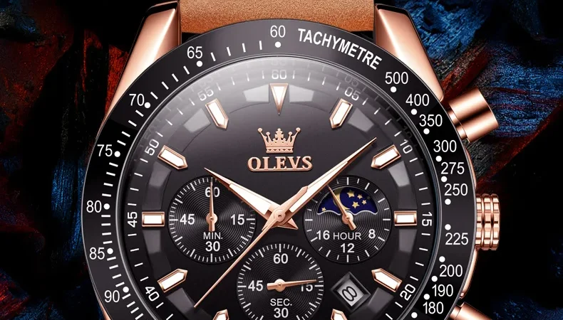 OLEVS herren Uhren Beliebte Mode Original Quarzuhr für Mann Chronograph Wasserdichte Leder Armbanduhr Luminous Mond Phase