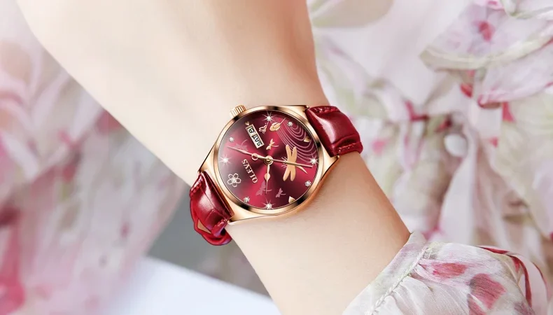 Olevs Luxus Damenmode rote Uhren Qualitäten mechanische Uhr Damen Leder Armbanduhren elegante montre femme