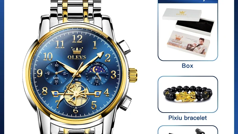 OLEVS brand2900 Herrenuhren Edelstahl Kalender Mondphase Uhr Chronograph Großes Zifferblatt Herrenarmbanduhren Original