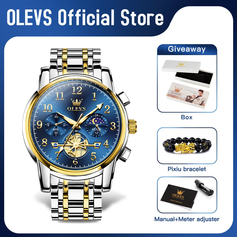 OLEVS brand2900 Herrenuhren Edelstahl Kalender Mondphase Uhr Chronograph Großes Zifferblatt Herrenarmbanduhren Original