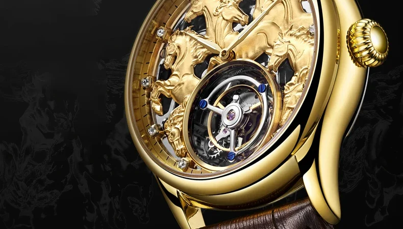 Gold Zodiac Horse Herren Voll skelett Luxus Tourbillon mechanische Uhr Saphir Herren Echt leder Uhren Relogio Masculino