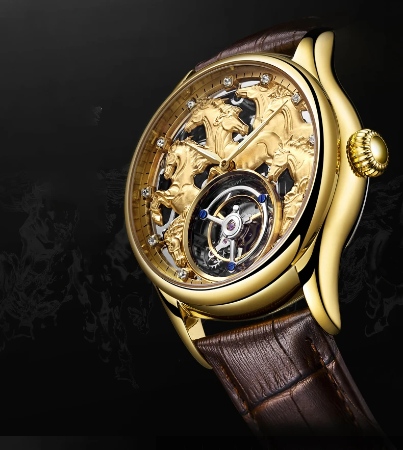 Gold Zodiac Horse Herren Voll skelett Luxus Tourbillon mechanische Uhr Saphir Herren Echt leder Uhren Relogio Masculino