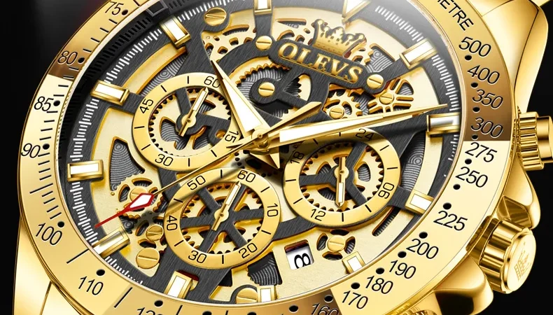 Olevs lxuxry Marke Gold Herren uhren Voll skelett Edelstahl Chronograph Armbanduhr wasserdichte leuchtende Quarzuhr Herren