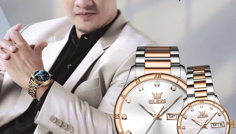 Olevs 7030 Paar Uhren Luxus Mode Original Armbanduhr Zirkon Skala Kalender Anzeige wasserdichte leuchtende Automatik uhr
