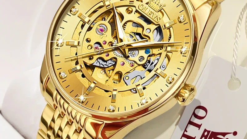 OLEVS herren Uhren Luxus Gold Skeleton Automatische Mechanische Armbanduhr für Mann Wasserdichte Edelstahl Luminous Business