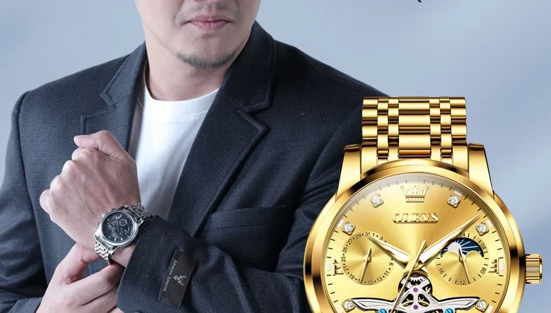 OLEVS Herrenuhren Top-marke Luxus Business Original Automatische Mechanische Armbanduhr Wasserdicht Leucht Mondphase Datum
