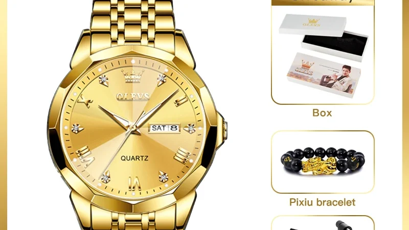 OLEVS Herrenuhren Gold Original Quarz-Armbanduhr Wasserdicht Leuchtende Uhr für Männer Rhombus Mirror Date Week Luxuskleid