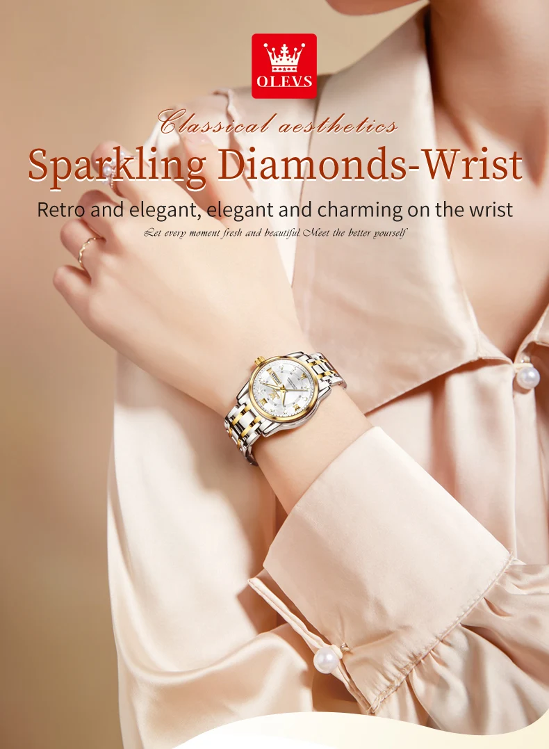 OLEVS Damenuhren, lässige Mode, Armbanduhr, Edelstahl, Original-Quarzuhr für Damen, wasserdicht, leuchtend, Datum, Woche