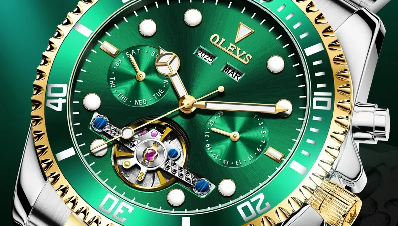 Olevs Herren mechanische Uhren wasserdichte Business Edelstahl Armband Armbanduhr Skelett automatische Uhr für Mann Kalender