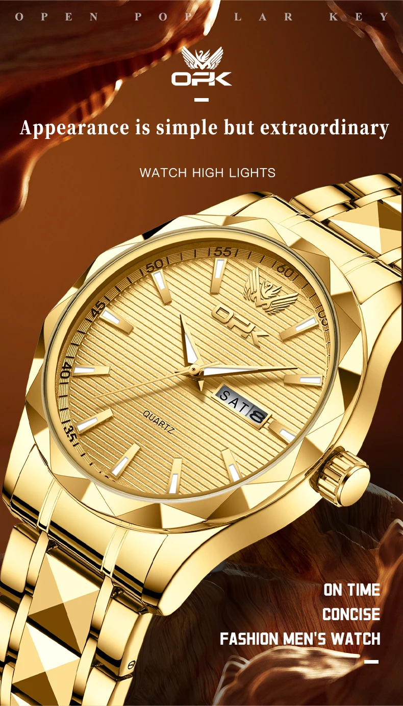 OPK Herrenuhren, lässig, modisch, Original-Quarz-Armbanduhr für Herren, wasserdicht, leuchtend, Datum, Woche, Raute, Edelstahlarmband