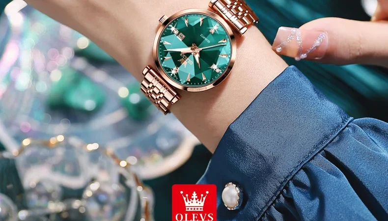 Olevs Damen uhren Mode elegante rhombische Form Spiegel Original Quarz Roségold Satin less Stahl wasserdicht Armband Datum