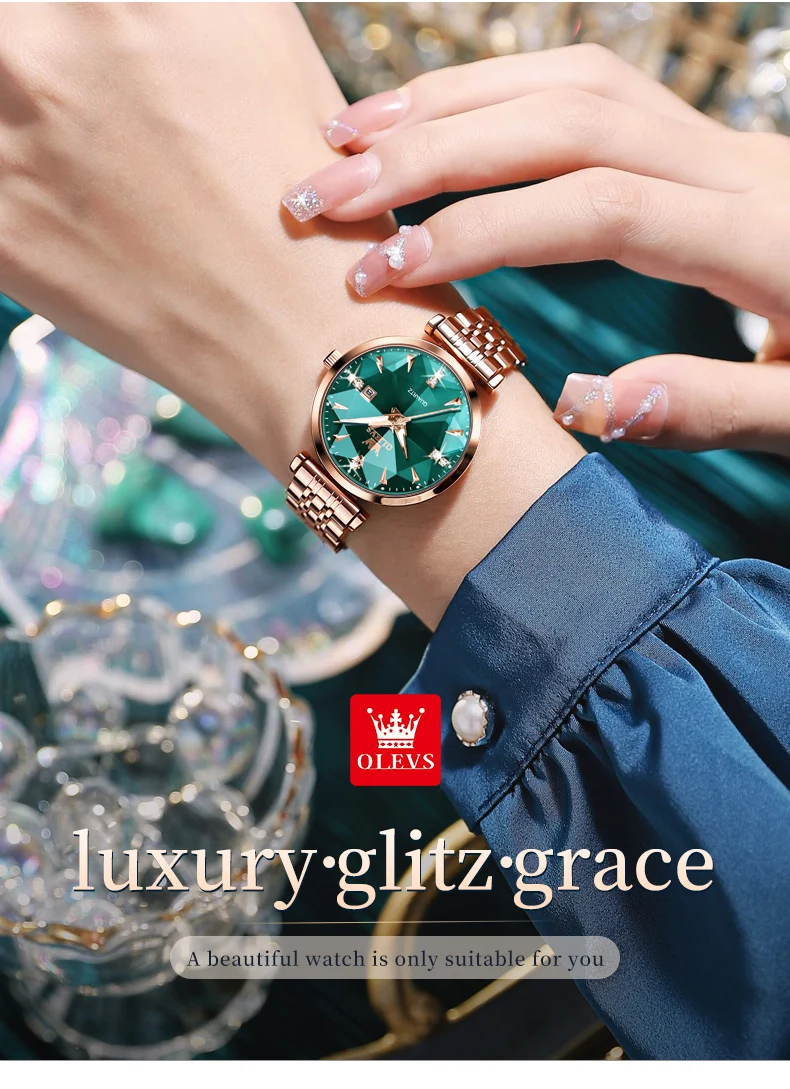 Olevs Damen uhren Mode elegante rhombische Form Spiegel Original Quarz Roségold Satin less Stahl wasserdicht Armband Datum