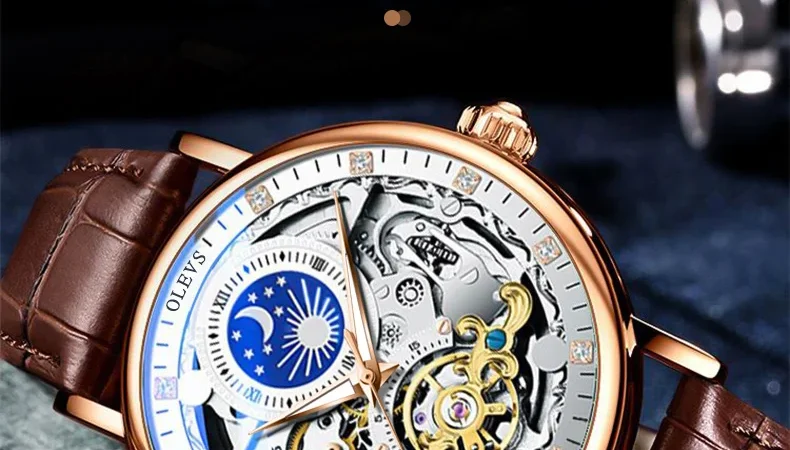 OLEVS Skelett Uhren Mechanische Automatische Uhr Männer Tourbillon Sport Uhr Casual Business Mond Armbanduhr Uhren Hombre