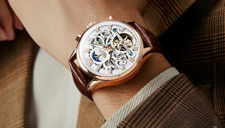 OLEVS Top Marke männer Uhren Mode Skeleton Tourbillon Automatische Mechanische Armbanduhr für Männer Wasserdicht Lederband Neue