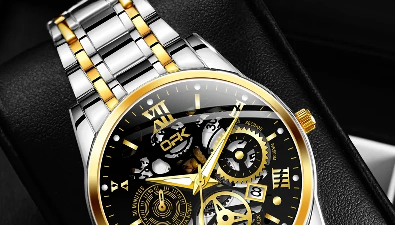 Opk Uhren für Männer Luxus aushöhlen Stil Original Quarz wasserdicht leuchtenden Chronograph Automatik uhr 24 Stunden