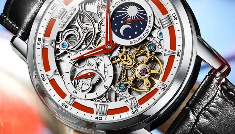 Olevs Herren uhren Mode aushöhlen automatische mencha nische Original Armbanduhr wasserdichtes Leder armband leuchtende Mondphase