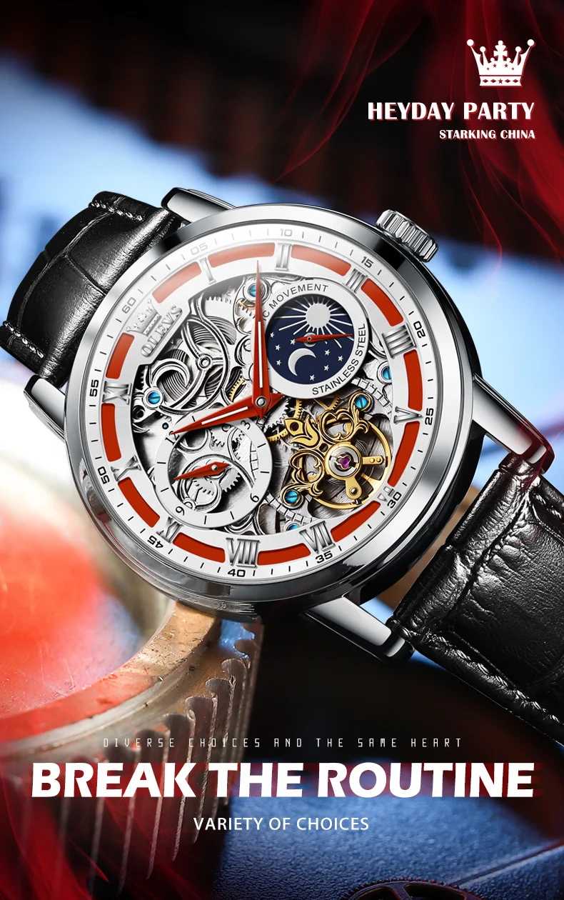 Olevs Herren uhren Mode aushöhlen automatische mencha nische Original Armbanduhr wasserdichtes Leder armband leuchtende Mondphase