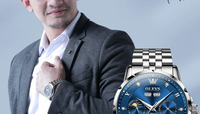 Olevs Herren uhren Luxus geschäft Original automatische Schwungrad mechanische Uhr für Mann ewigen Kalender Mondphase leuchtend