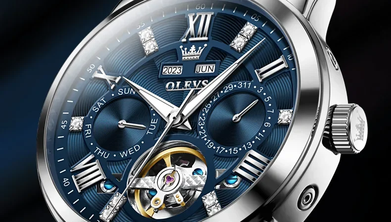 Olevs Herren uhren aushöhlen automatische mechanische Original Armbanduhr für Mann wasserdichte leuchtende ewige Kalender mode