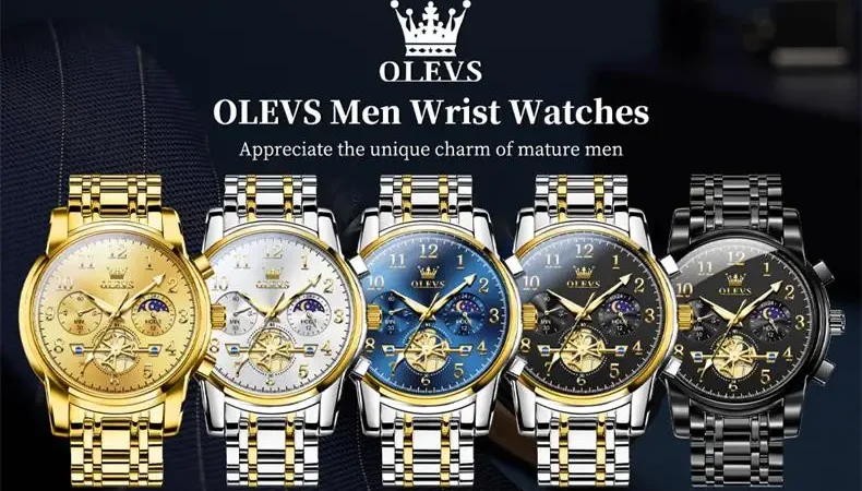 OLEVS Herrenuhren, Top-Marke, modisch, multifunktionaler Chronograph, Mondphase, 24-Stunden-Original-Quarzuhr für Herren, wasserdicht