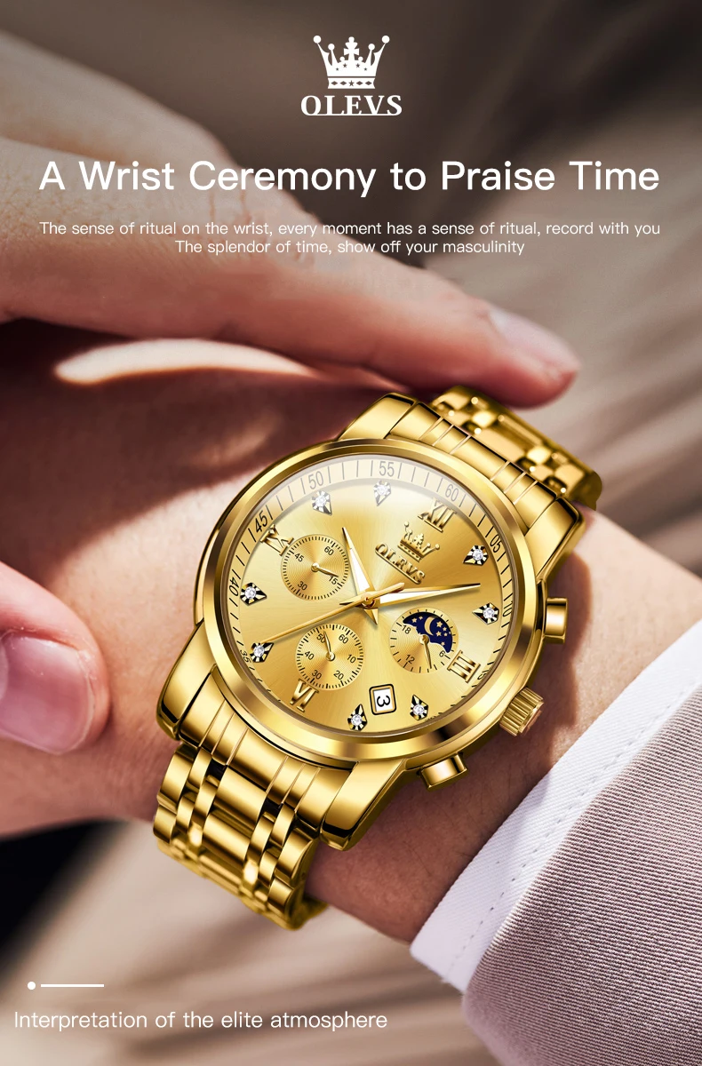 OLEVS Herrenuhren Top-Marke Original Quarzuhr für Mann Chronograph Wasserdicht Leuchtend Modetrend Mondphase Datum