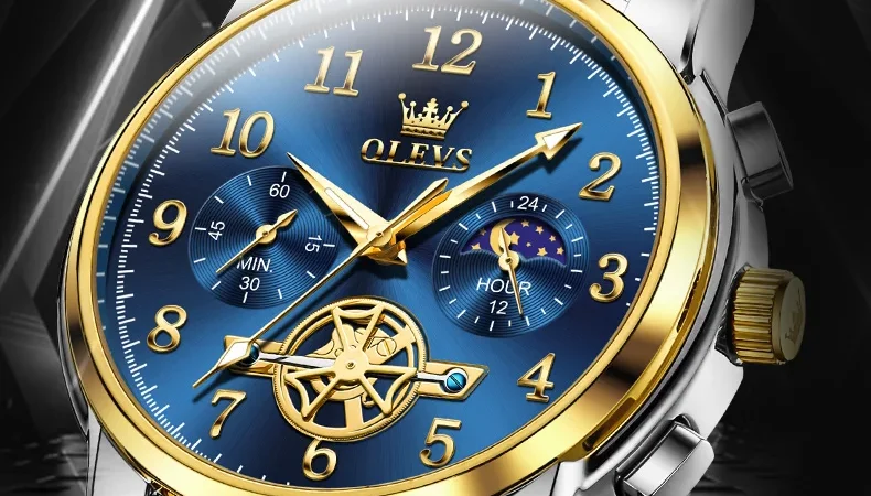 OLEVS Herrenuhren, graviertes Schwungrad, Original-Quarzuhr für Herren, Chronograph, 24-Stunden-Anzeige, Mondphase, wasserdicht, leuchtend