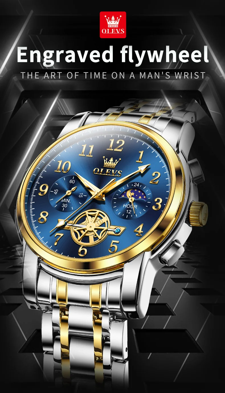 OLEVS Herrenuhren, graviertes Schwungrad, Original-Quarzuhr für Herren, Chronograph, 24-Stunden-Anzeige, Mondphase, wasserdicht, leuchtend