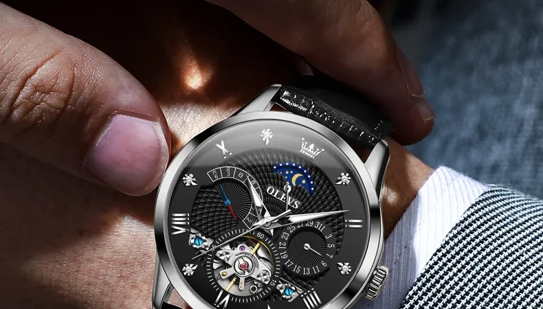 OLEVS herren Uhren Business Skeleton Automatische Mechanische Armbanduhr Wasserdicht Leder Kalender Datum Uhr für Mann Neue Ankunft