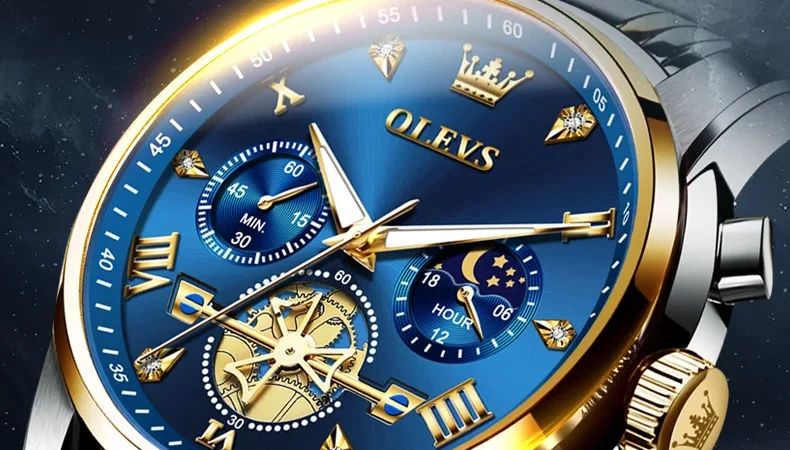 Olevs Quarzuhr für Herren Schwungrad Skelett Chronograph Mondphase multifunktion ale Edelstahl Herren Armbanduhren