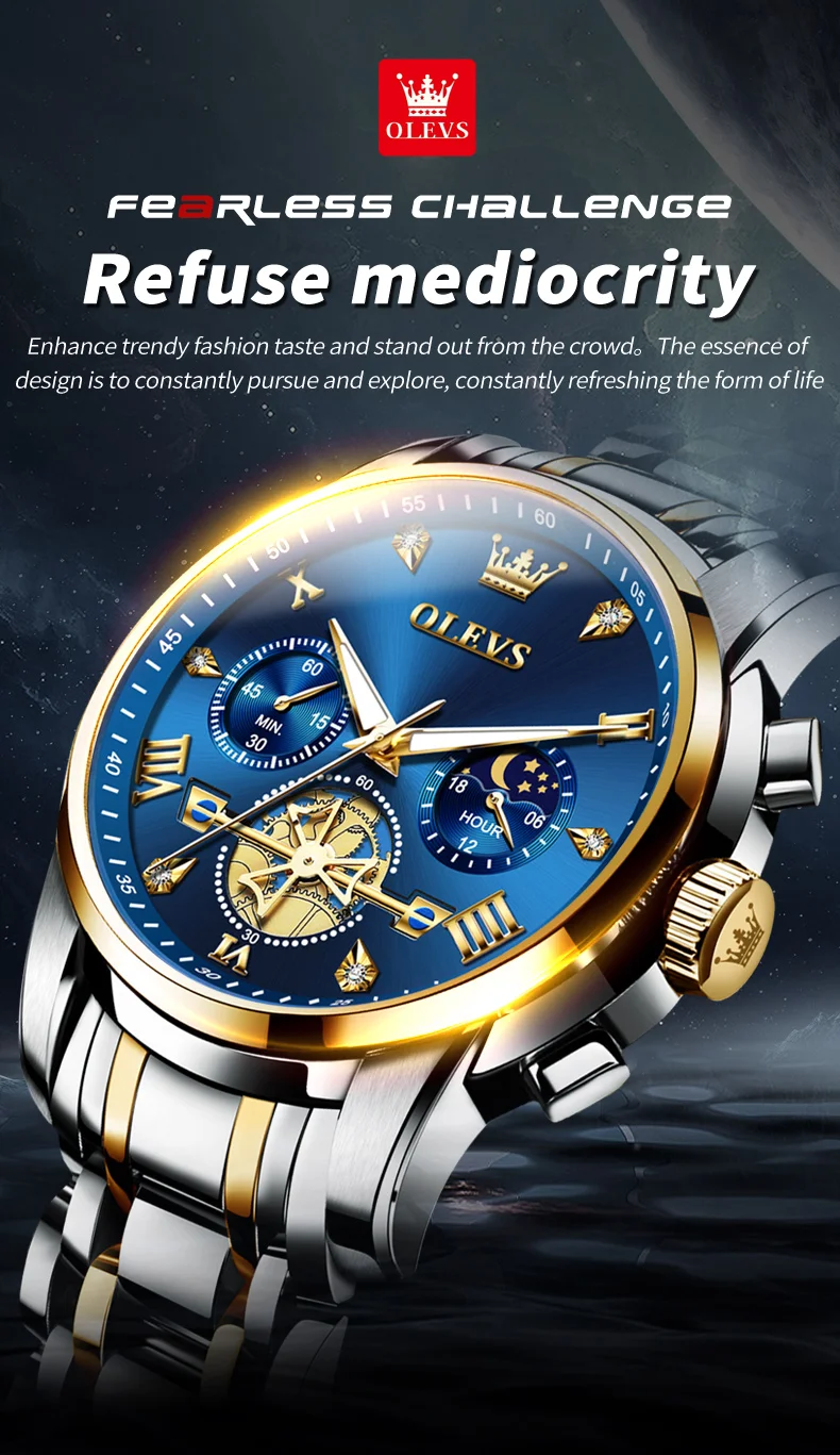 Olevs Quarzuhr für Herren Schwungrad Skelett Chronograph Mondphase multifunktion ale Edelstahl Herren Armbanduhren