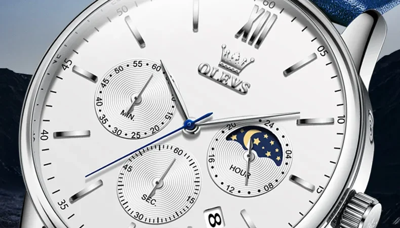 Olevs Herren uhren klassische drei kleine Ziffer blätter Multifunktions-Chronograph enuhr für Mann wasserdichtes Leder armband Mondphase Datum