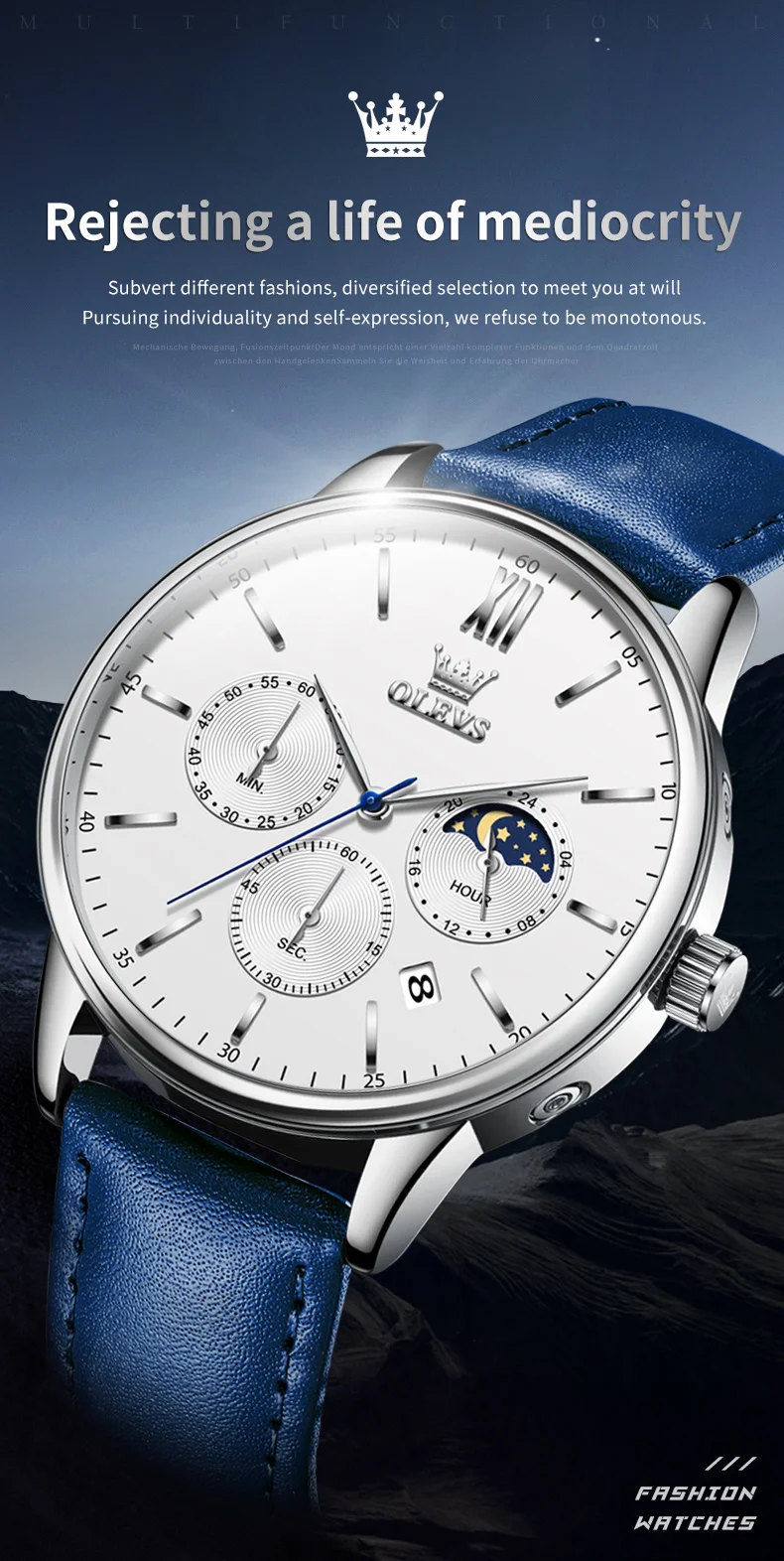 Olevs Herren uhren klassische drei kleine Ziffer blätter Multifunktions-Chronograph enuhr für Mann wasserdichtes Leder armband Mondphase Datum