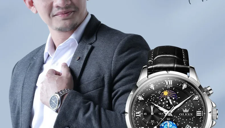 Olevs Herren uhren Original Quarzuhr für Mann Multi funcion Chronograph wasserdicht leuchtende Mondphase 24 Stunden Anzeige