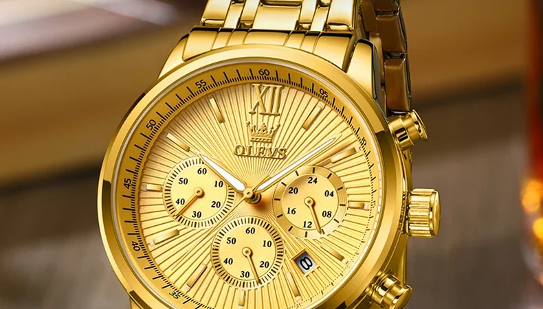 Olevs Herren uhren Luxus Gold Mode Armbanduhr für Mann Edelstahl wasserdicht leuchtenden Chronograph Datum 24 Stunden Anzeige