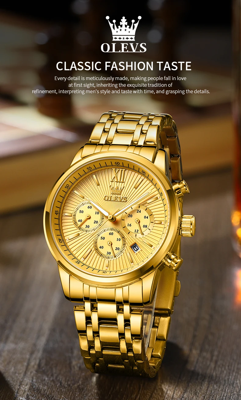 Olevs Herren uhren Luxus Gold Mode Armbanduhr für Mann Edelstahl wasserdicht leuchtenden Chronograph Datum 24 Stunden Anzeige