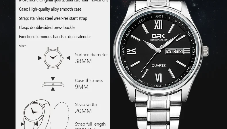 Opk Uhren für Herren Mode Quarz Armbanduhr Original wasserdichte leuchtende Automatik werk Dual Kalender Display reloj