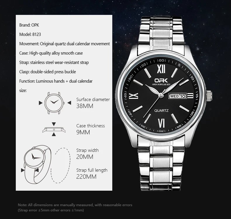 Opk 8123 Herren uhr Mode Original Quarz Armbanduhr wasserdichte Leucht uhren für Herren Dual Kalender Display Reloj Hombre