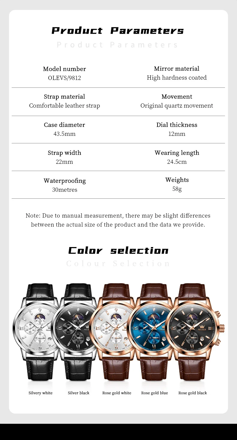 OLEVS 9812Herrenuhr Original Bequeme Quarzuhr Lederband Wasserdicht Leuchtende Mondphase Uhr Für Mann Automatische Datum