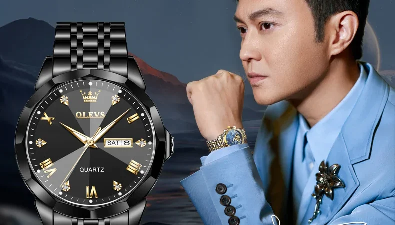 Olevs 9931 Quarzuhr für Männer Raute Spiegel Edelstahl wasserdicht Auto Datum Woche Uhr Einfachheit Luxus Herren Armbanduhr