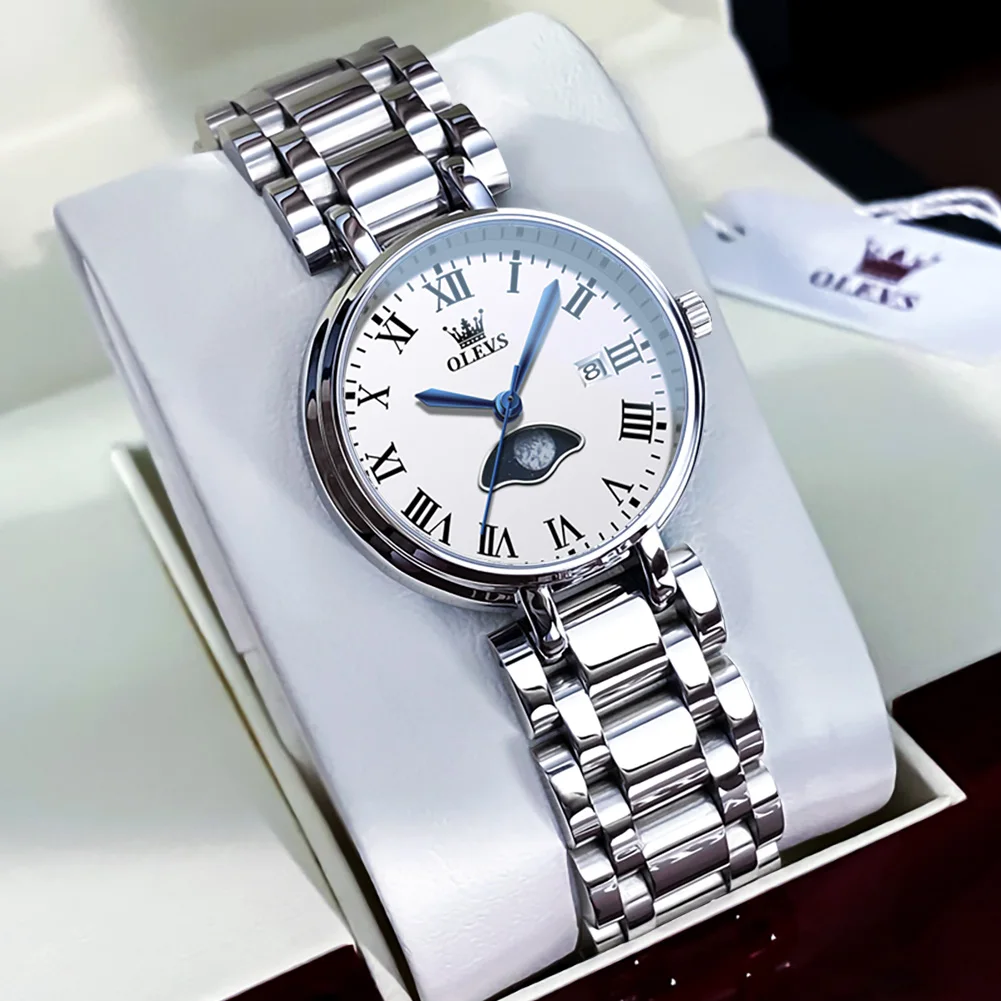 Olevs Damen uhren Minimalismus Mode Original Mädchen Armbanduhr wasserdicht Edelstahl Kalender Mond Pash Armband Set