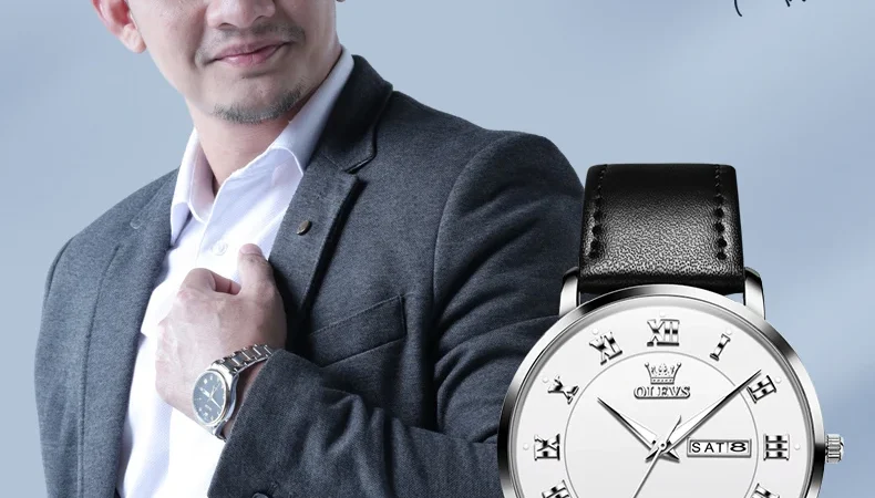 OLEVS Herrenuhren, lässig, modisch, schlicht, Original-Armbanduhr für Herren, bequemes Lederarmband, wasserdicht, leuchtend, Datum, Woche