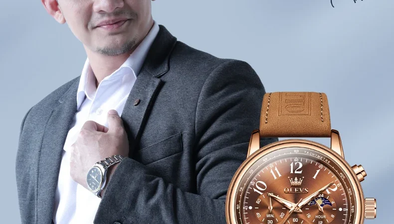 OLEVS Herrenuhren im jungen Sportstil, Original-Quarz-Armbanduhr für Herren, wasserdicht, leuchtend, Chronograph, Datum, Mondphase