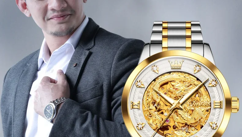 Olevs 7027 Uhren für Männer Top-Marke Mode Original für Mann Zirkon Skala China Loong Drachen Zifferblatt wasserdicht leuchtendes Datum