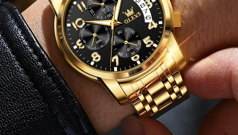 OLEVS Luxus männer Uhren Original Gold Chronograph Armbanduhr Wasserdichte Edelstahl Leucht Quarzuhr für Mann Sozialen
