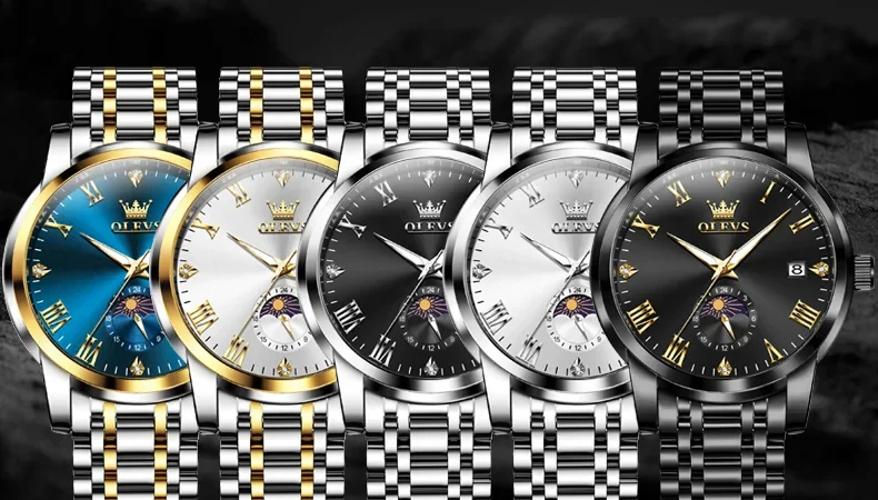 OLEVS 3656 Herrenuhr, Originalband, Kalender, Mondphase, Chronograph, großes Zifferblatt, Uhren für Herren, wasserdicht, leuchtend